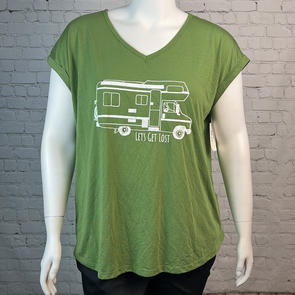 Style & Co Olive Green Let’s Get Lost Graphic Camping Shirt Top Plus Size 1X - Picture 2 of 6